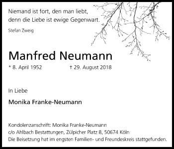 Anzeige von Manfred Neumann von Kölner Stadt-Anzeiger / Kölnische Rundschau / Express