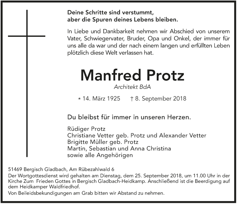  Traueranzeige für Manfred Protz vom 22.09.2018 aus  Bergisches Sonntagsblatt 