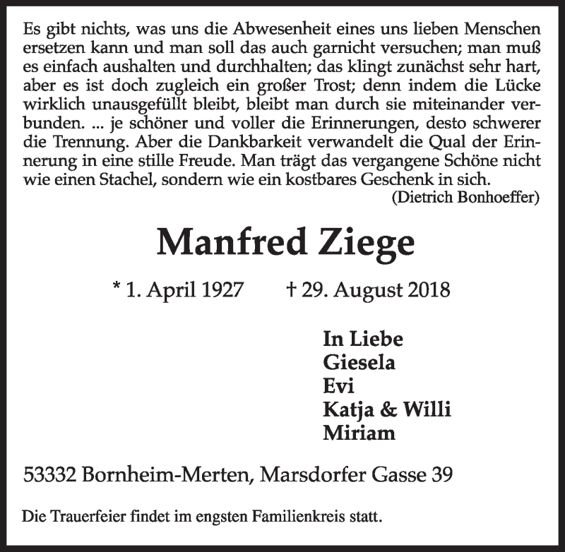  Traueranzeige für Manfred Ziege vom 05.09.2018 aus  Schlossbote/Werbekurier 