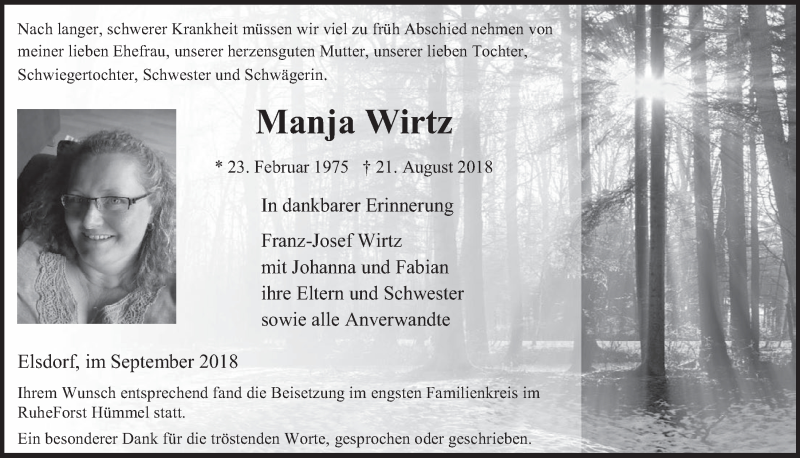  Traueranzeige für Manja Wirtz vom 12.09.2018 aus  Werbepost 
