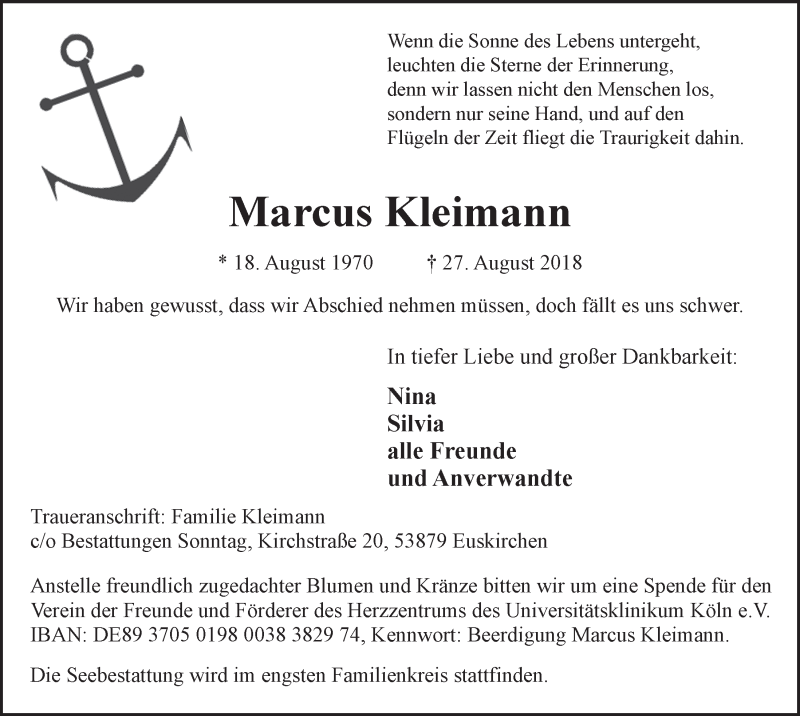  Traueranzeige für Marcus Kleimann vom 08.09.2018 aus  Blickpunkt Euskirchen 