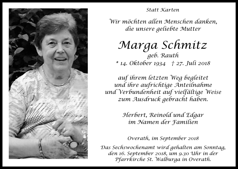  Traueranzeige für Marga Schmitz vom 08.09.2018 aus Kölner Stadt-Anzeiger / Kölnische Rundschau / Express