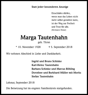 Anzeige von Marga Tautenhahn von Kölner Stadt-Anzeiger / Kölnische Rundschau / Express
