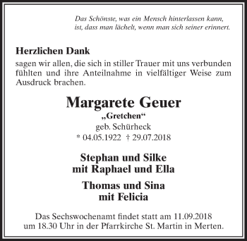Anzeige von Margarete Geuer von  Schlossbote/Werbekurier 