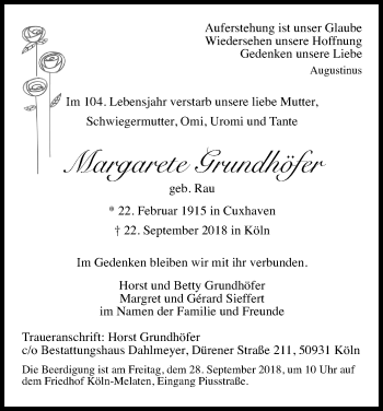 Anzeige von Margarete Grundhöfer von Kölner Stadt-Anzeiger / Kölnische Rundschau / Express