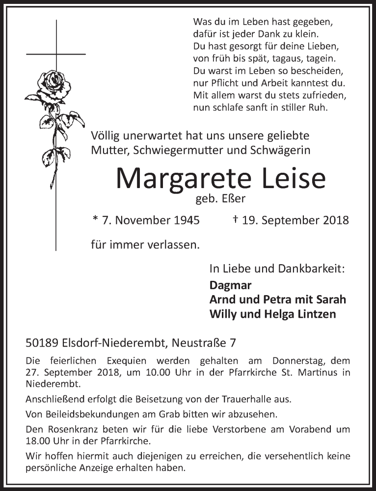  Traueranzeige für Margarete Leise vom 22.09.2018 aus  Sonntags-Post 