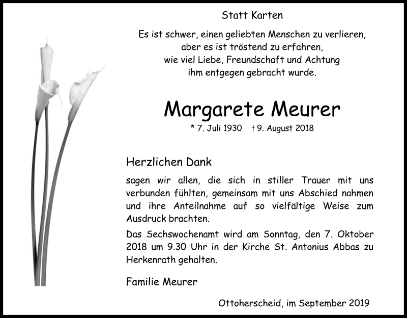  Traueranzeige für Margarete Meurer vom 22.09.2018 aus Kölner Stadt-Anzeiger / Kölnische Rundschau / Express