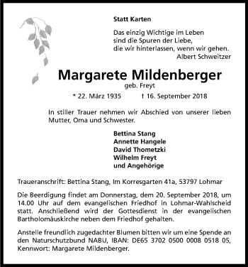 Anzeige von Margarete Mildenberger von Kölner Stadt-Anzeiger / Kölnische Rundschau / Express