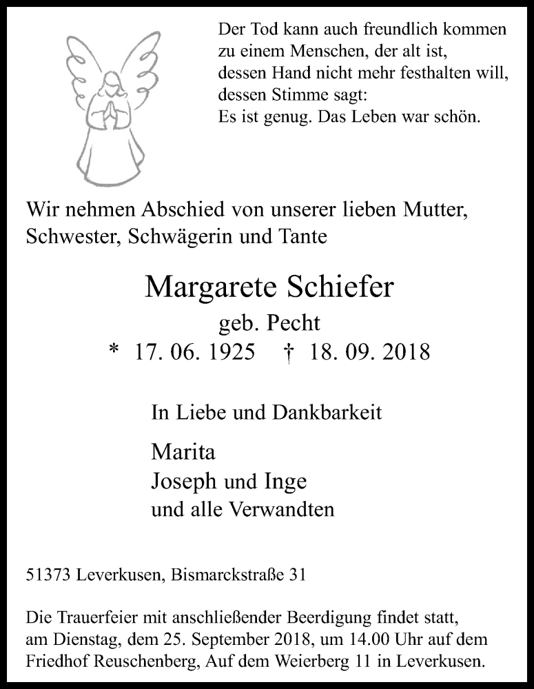  Traueranzeige für Margarete Schiefer vom 22.09.2018 aus Kölner Stadt-Anzeiger / Kölnische Rundschau / Express