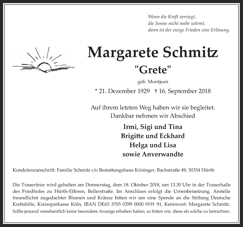  Traueranzeige für Margarete Schmitz vom 26.09.2018 aus  Wochenende 
