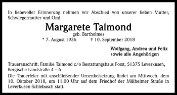 Anzeige von Margarete Talmond von Kölner Stadt-Anzeiger / Kölnische Rundschau / Express