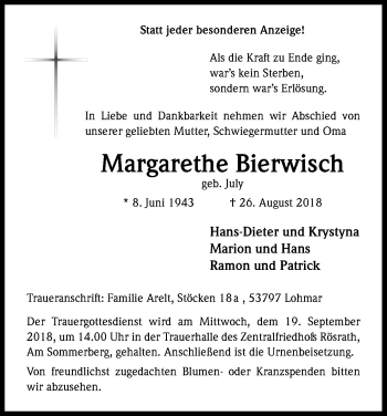 Anzeige von Margarethe Bierwisch von Kölner Stadt-Anzeiger / Kölnische Rundschau / Express