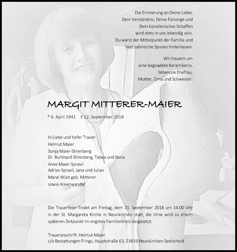  Traueranzeige für Margit Mitterer-Maier vom 18.09.2018 aus Kölner Stadt-Anzeiger / Kölnische Rundschau / Express