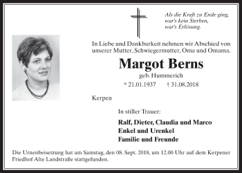 Anzeige von Margot Berns von  Werbepost 