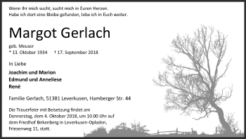 Anzeige von Margot Gerlach von Kölner Stadt-Anzeiger / Kölnische Rundschau / Express