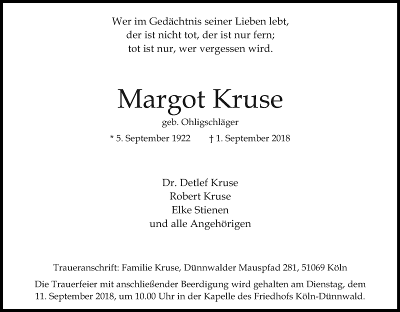  Traueranzeige für Margot Kruse vom 08.09.2018 aus Kölner Stadt-Anzeiger / Kölnische Rundschau / Express