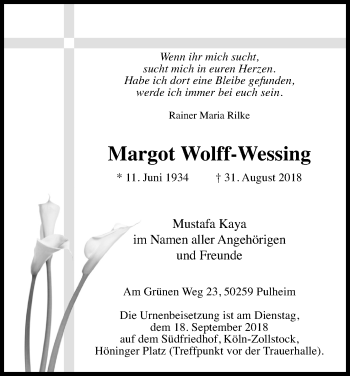 Anzeige von Margot Wolff-Wessing von Kölner Stadt-Anzeiger / Kölnische Rundschau / Express
