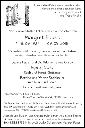 Anzeige von Margret Faust von Kölner Stadt-Anzeiger / Kölnische Rundschau / Express