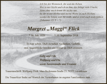 Anzeige von Margret Flick von  Lokale Informationen 