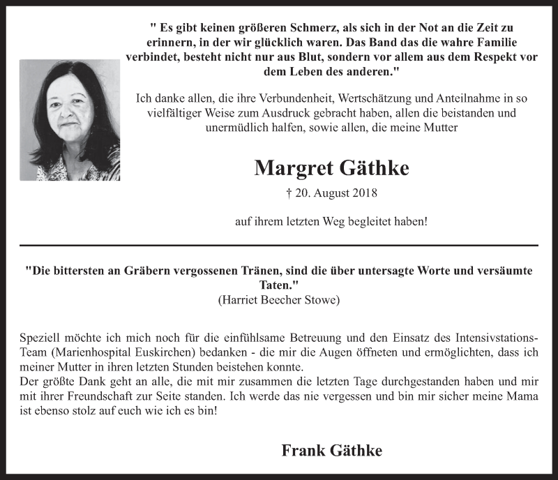  Traueranzeige für Margret Gäthke vom 15.09.2018 aus  Blickpunkt Euskirchen 