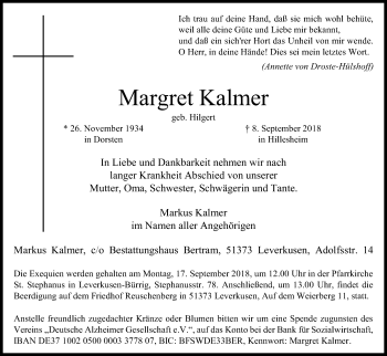 Anzeige von Margret Kalmer von Kölner Stadt-Anzeiger / Kölnische Rundschau / Express