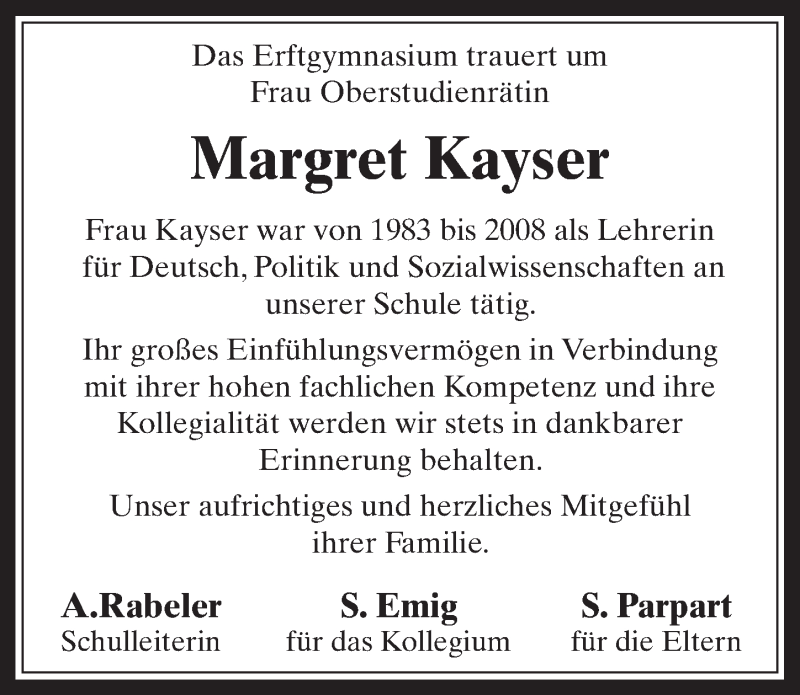  Traueranzeige für Margret Kayser vom 08.09.2018 aus  Sonntags-Post 