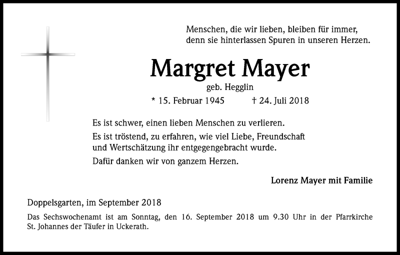  Traueranzeige für Margret Mayer vom 05.09.2018 aus Kölner Stadt-Anzeiger / Kölnische Rundschau / Express