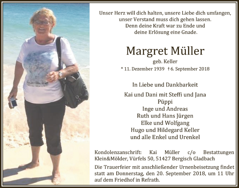  Traueranzeige für Margret Müller vom 15.09.2018 aus  Bergisches Sonntagsblatt 