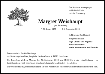 Anzeige von Margret Weishaupt von Kölner Stadt-Anzeiger / Kölnische Rundschau / Express