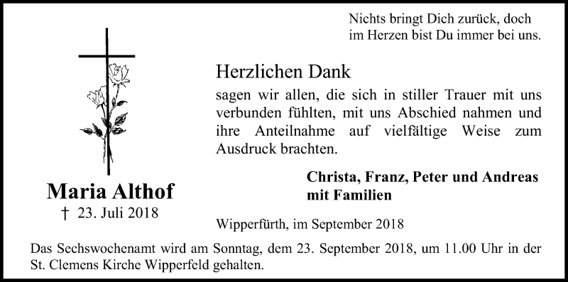  Traueranzeige für Maria Althof vom 08.09.2018 aus Kölner Stadt-Anzeiger / Kölnische Rundschau / Express