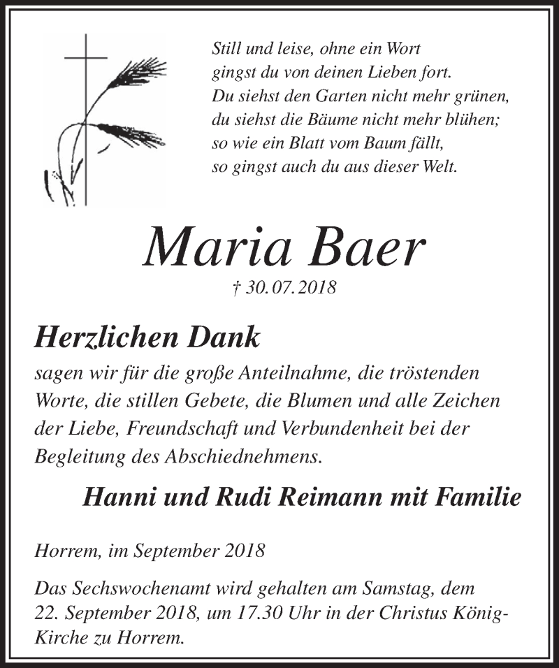  Traueranzeige für Maria Baer vom 15.09.2018 aus  Sonntags-Post 