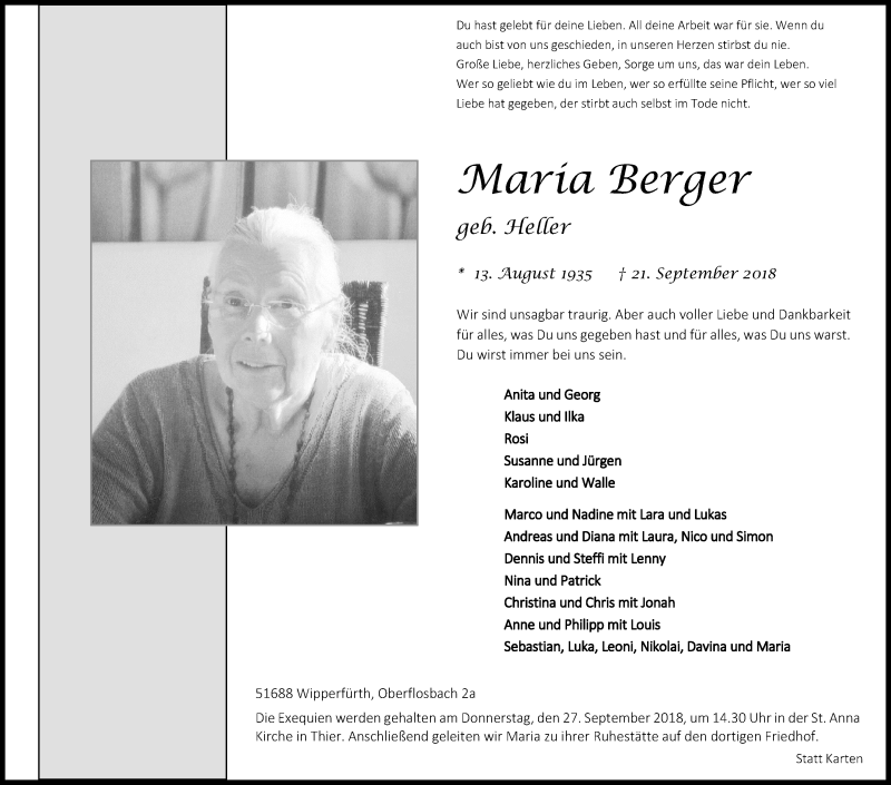  Traueranzeige für Maria Berger vom 26.09.2018 aus  Anzeigen Echo 