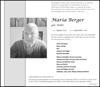 Anzeige von Maria Berger von Kölner Stadt-Anzeiger / Kölnische Rundschau / Express