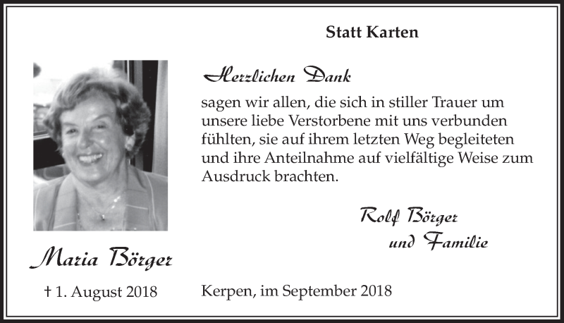  Traueranzeige für Maria Börger vom 22.09.2018 aus  Sonntags-Post 