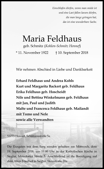 Anzeige von Maria Feldhaus von Kölner Stadt-Anzeiger / Kölnische Rundschau / Express
