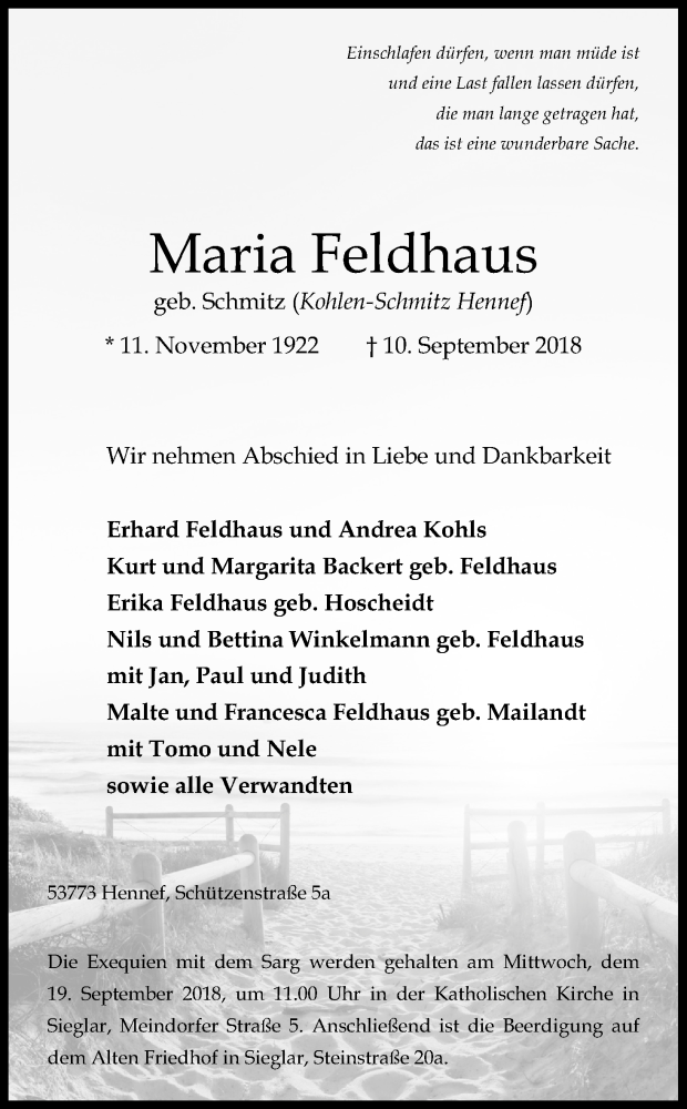  Traueranzeige für Maria Feldhaus vom 15.09.2018 aus Kölner Stadt-Anzeiger / Kölnische Rundschau / Express