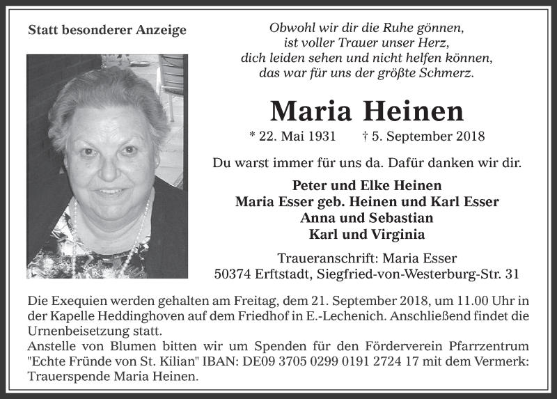  Traueranzeige für Maria Heinen vom 12.09.2018 aus  Werbepost 