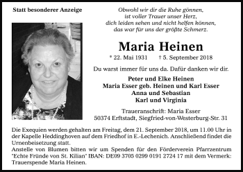 Anzeige von Maria Heinen von Kölner Stadt-Anzeiger / Kölnische Rundschau / Express