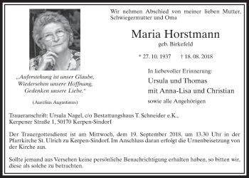Anzeige von Maria Horstmann von  Sonntags-Post 