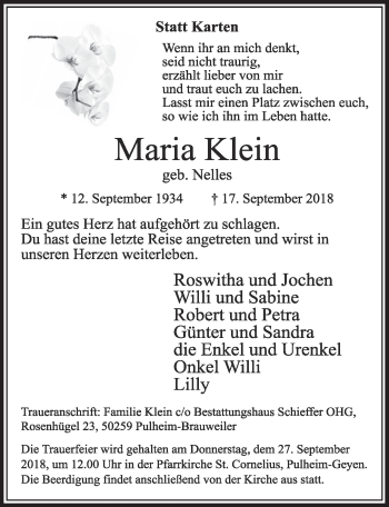 Anzeige von Maria Klein von  Sonntags-Post 