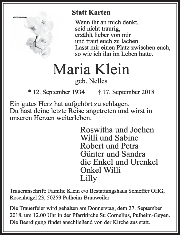  Traueranzeige für Maria Klein vom 22.09.2018 aus  Sonntags-Post 