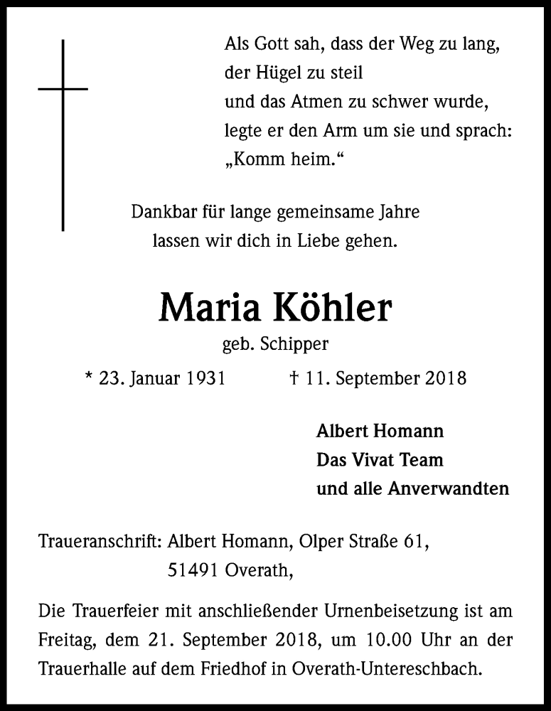  Traueranzeige für Maria Köhler vom 15.09.2018 aus Kölner Stadt-Anzeiger / Kölnische Rundschau / Express