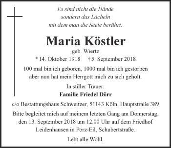 Anzeige von Maria Köstler von  Kölner Wochenspiegel 