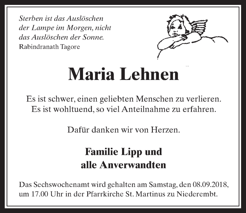  Traueranzeige für Maria Lehnen vom 05.09.2018 aus  Werbepost 