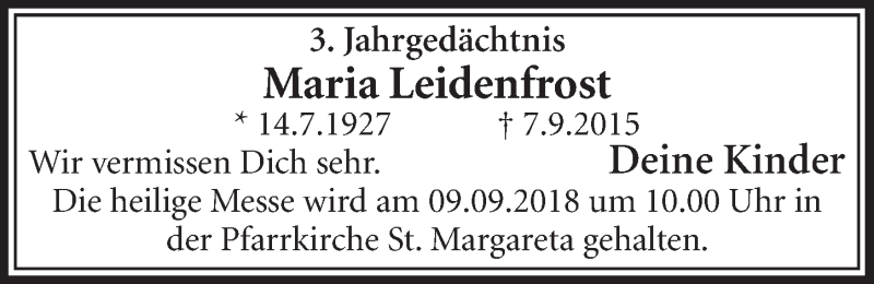  Traueranzeige für Maria Leidenfrost vom 05.09.2018 aus  Schlossbote/Werbekurier 