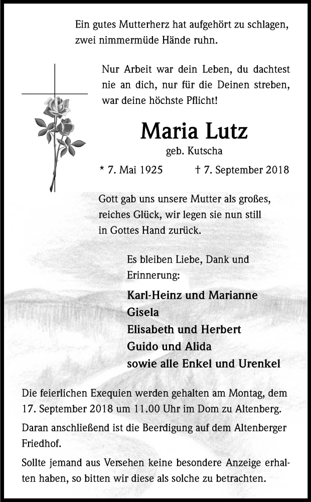  Traueranzeige für Maria Lutz vom 12.09.2018 aus Kölner Stadt-Anzeiger / Kölnische Rundschau / Express