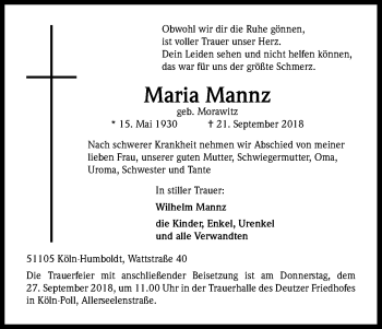 Anzeige von Maria Mannz von Kölner Stadt-Anzeiger / Kölnische Rundschau / Express