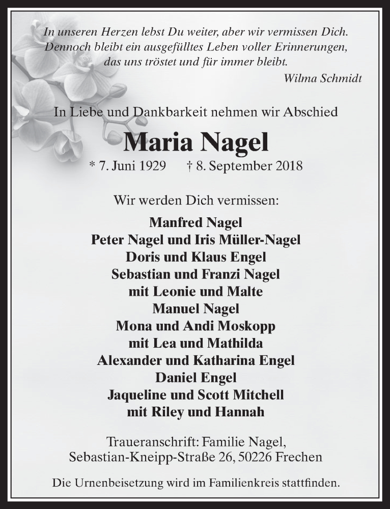  Traueranzeige für Maria Nagel vom 19.09.2018 aus  Wochenende 