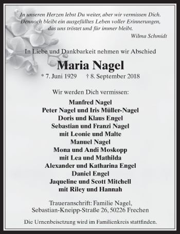Anzeige von Maria Nagel von  Wochenende 