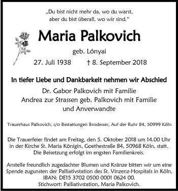 Anzeige von Maria Palkovich von Kölner Stadt-Anzeiger / Kölnische Rundschau / Express